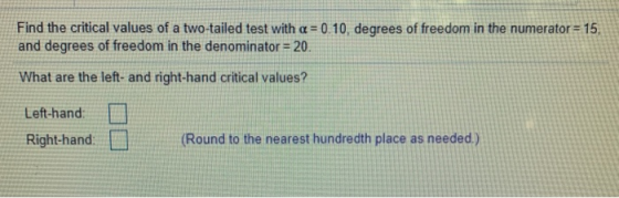 Find the critical values of a two-tailed test with a 0.10, degrees of freedom in the numerator= 15, and degrees of freedom in