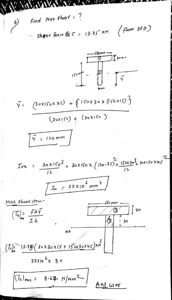 Find Max Phora ? (From 560) shear Force OC: 13.75 KN gomo که مسلم 20 mr (30x150x75) + $150x 30 x (50 +15)} (30x170) + (30x15