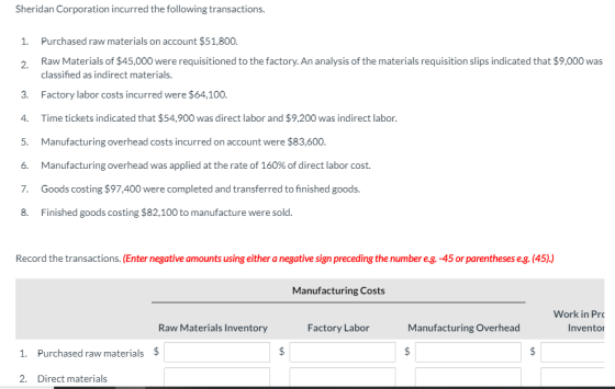 Sheridan Corporation incurred the following transactions. 1. Purchased raw materials on account $51,800. 2 Raw Materials of $