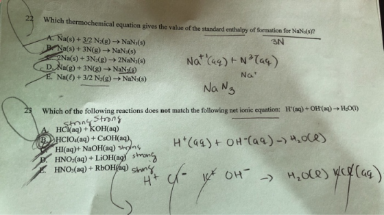 Which thermochemical equation gives the value of the standard enthalpy of formation for NaN (s)? a(s) + 32 N2(g) → NaN3(s) a(