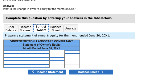 Analyze: What is the change in owners equity for the month of June? Complete this question by entering your answers in the t