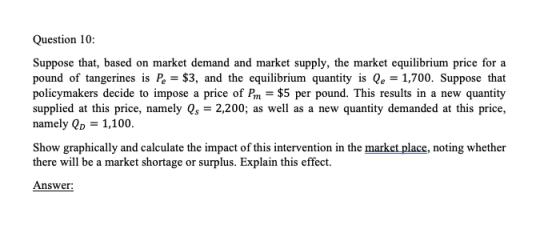 Question 10: Suppose that, based on market demand and market supply, the market equilibrium price for a pound of tangerines i