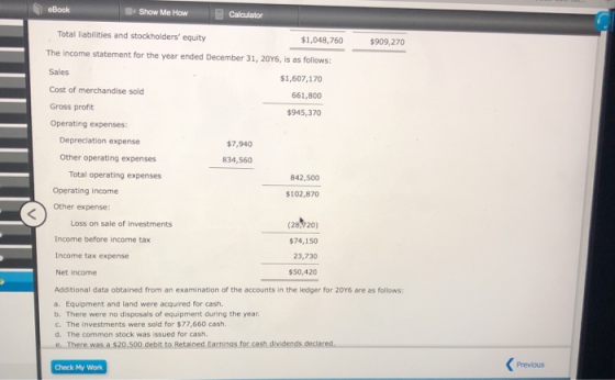 eBook Show Me How Calculator Total liabilities and stockholders equity $1,048,750 $909,270 The income statement for the year