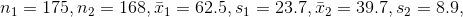 n_{1}=175,n_{2}=168, \bar{x}_{1}=62.5,s_{1}=23.7, \bar{x}_{2}=39.7,s_{2}=8.9,