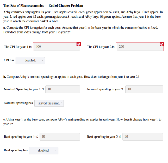 The Data of Macroeconomics-End of Chapter Problenm Abby consumes only apples. In year 1, red apples cost $1 each, green apples cost $2 each, and Abby buys 10 red apples. In year 2, red apples cost $2 each, green apples cost $1 each, and Abby buys 10 green apples. Assume that year 1 is the base year in which the consumer basket is fixed. a. Compute the CPI for apples for each year. Assume that year 1 is the base year in which the consumer basket is fixed. How does your index change from year 1 to year 2? 0 The CPI for year :100 The CPI for year 2 is: 200 CPI has doubled. - b. Compute Abbys nominal spending on apples in each year. How does it change from year 1 to year 2? Nominal Spending in year l: 10 Nominal spending in year 2: 10 Nominal spending hasstayed the same. c. Using year 1 as the base year, compute Abbys real spending on apples in each year. How does it change from year 1 to year 2? Real spending in year 1: $ 10 Real spending in year 2: $ 20 Real spending has doubled