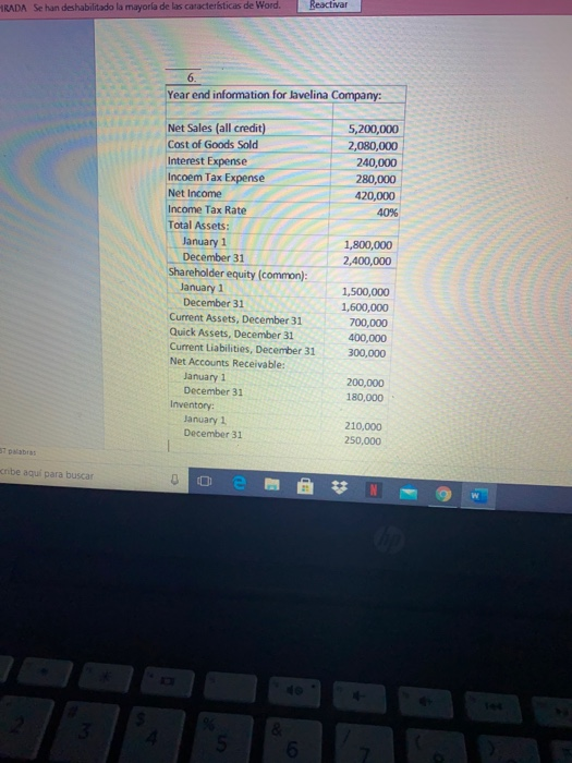 HRADA Se han deshabilitado la mayoría de las caracteristicas de Word. Reactivar 6. Year end information for lavelina Company:
