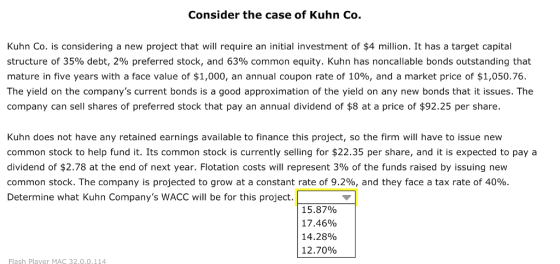 Consider the case of Kuhn Co. Kuhn Co. is considering a new project that will require an initial investment of $4 million. It has a target capital structure of 35% debt, 2% preferred stock, and 63% common equity. Kuhn has noncallable bonds outstanding that mature in five years with a face value of $1,000, an annual coupon rate of 10%, and a market price of $1,050.76. The yield on the companys current bonds is a good approximation of the yield on any new bonds that it issues. The company can sell shares of preferred stock that pay an annual dividend of $8 at a price of $92.25 per share. Kuhn does not have any retained earnings available to finance this project, so the firm will have to issue new common stock to help fund it. Its common stock is currently selling for $22.35 per share, and it is expected to pay a dividend of $2.78 at the end of next year. Flotation costs will represent 3% of the funds raised by issuing new common stock. The company is projected to grow at a constant rate of 9.2%, and they face a tax rate of 40%. Determine what Kuhn Companys WACC will be for this project 15.87% 17.46% 14.28% 12.70% Flash Player MAC 32.0.0.114