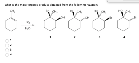 What is the major organic product obtained from the following reaction? CH: Br CH3 Br. CHE HO CHE HO CHE OH Br2 H2O CCCC