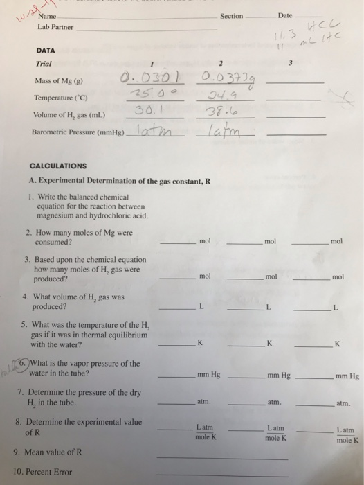 Section - Date Name Lab Partner DATA Trial Mass of Mg (g) - 0.0301 3 Temperature (°C) Volume of H, gas (mL) 30.1 Barometric P