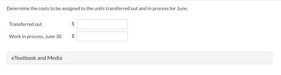 Determine the costs to be assigned to the units transferred out and in process for June. Transferred out $ Work in process, J