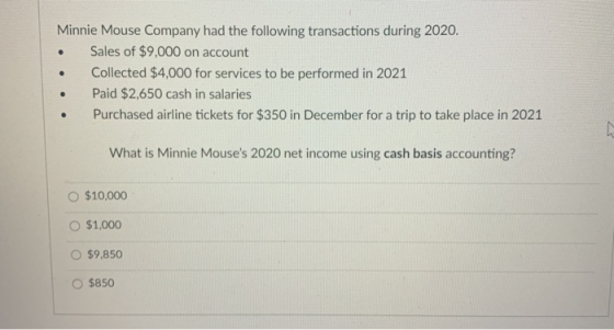 . Minnie Mouse Company had the following transactions during 2020. Sales of $9,000 on account Collected $4,000 for services t