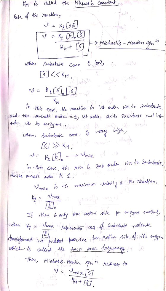 KM is called the Michal is constant in Rete of the reaction, =Kq [SE] We a kq [E]. [s] Kyat [57 P Michaelis - Menten egun s l