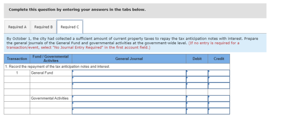 Complete this question by entering your answers in the tabs below. Required A Required B Required C By October 1, the city ha