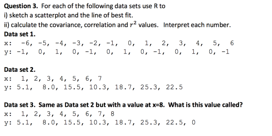 Question 3. For each of the following data sets use R to i) sketch a scatterplot and the line of best fit. ii) calculate the