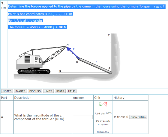 1456 Determine the torque applied to the pipe by the crane in the figure using the formula Torque = LAR XF Point B has coordi