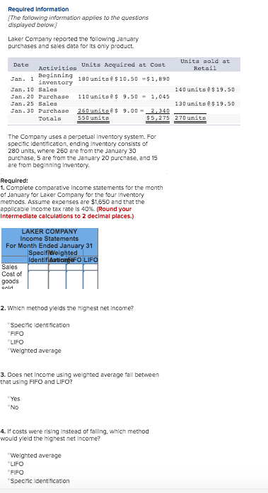 Required information The following information applies to the questions displayed below.) Laker Company reported the followin