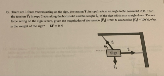 9) There are 3 force vectors acting on the sign, the tension T, in ropel acts at an angle to the horizontal of 0 -60°, the te
