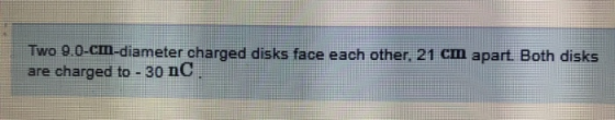 Two 9.0-cm-diameter charged disks face each other, 21 cm apart. Both disks are charged to - 30 nC.