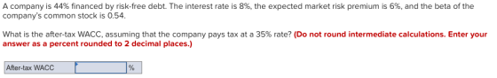 A company is 44% financed by risk-free debt. The interest rate is 8%, the expected market risk premium is 6%, and the beta of
