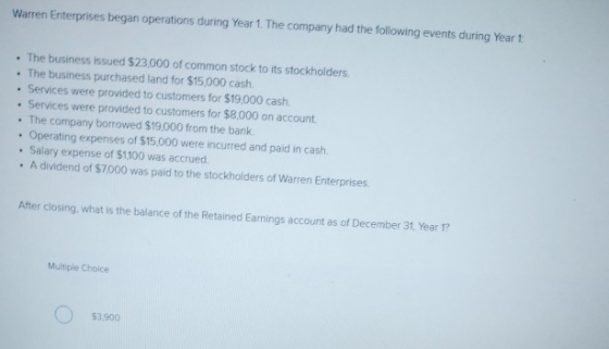 Warren Enterprises began operations during Year 1. The company had the following events during Yeart • The business issued $2