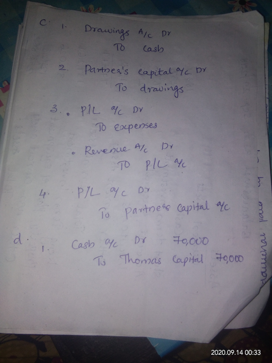 С c Drawings A/c Dr TO Cash 2. Partners capital of Dr To drawings 3. PIL 4 Dr To Expenses Revenue Al Dr TO P/L 4o } 4 PIL ac