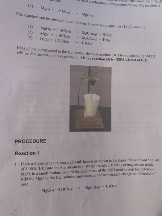 qaton: Un lection that would be difficult at of combustion of magnesium ribbon. The reaction is (4) Mg(s) + 1/2O2(g) This equ