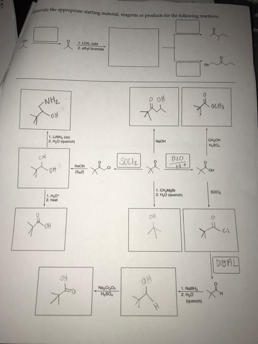 provide the appropriate starting material, reagents or products for the following reactions 0 1. LDA cold 2. ethylbromide NH