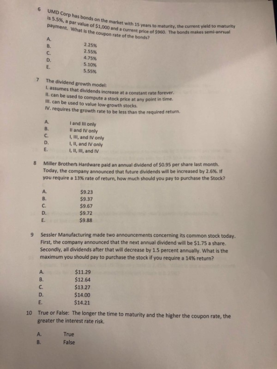 6 UMD Corp has bonds on the market with 15 ye is 5.5%, a par value of $1,000 and a current prie payment. What is the coupon r