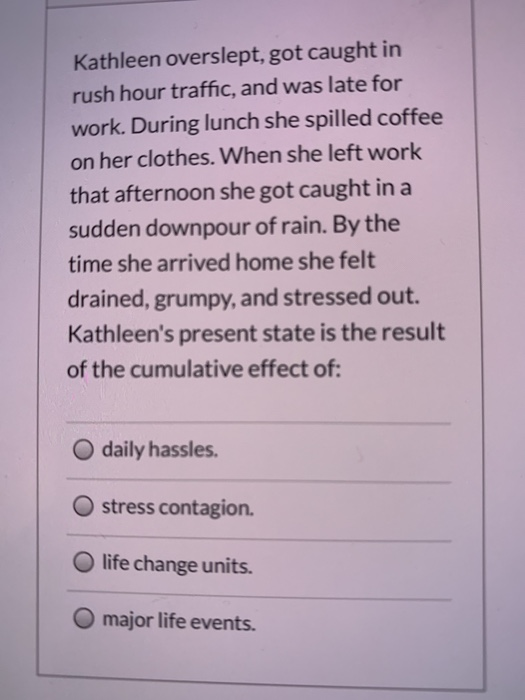 Kathleen overslept, got caught in rush hour traffic, and was late for work. During lunch she spilled coffee on her clothes. W