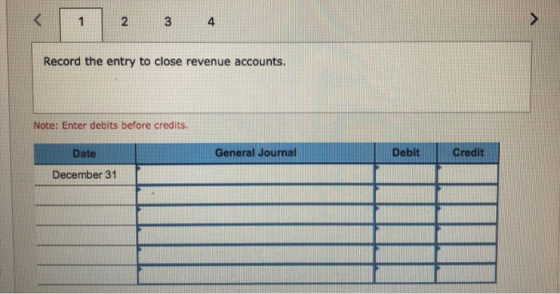 Record the entry to close revenue accounts. Note: Enter debits before credits. General Journal Debit Credit Date December 31