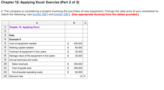 Chapter 12: Applying Excel: Exercise (Part 2 of 2) 2. The company is considering a project involving the purchase of new equi