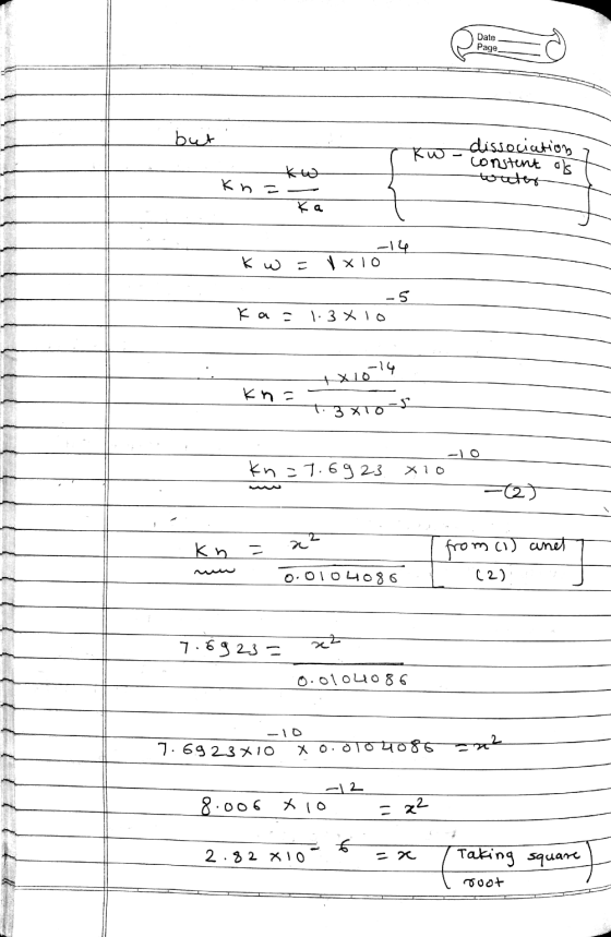 Date Page Kw - dissocicetion -Kwa Kha- content ok touter kw=1x10 -5 Kaz 1.3 X lo X10-14 Kn=- t. 3810-S kn=7.6923 810 www -2)