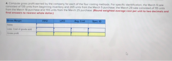 4. Compute gross profit earned by the company for each of the four costing methods. For specific identification, the March 9
