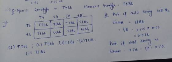 Tь sta.o6 mu - 26. Manis Genotype = Tt66 Womans Genotype - Tt Bb. t6 TB AB & Prob. of child having both the ть тть тьь түвь