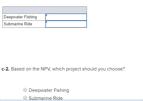 Deepwater Fishing Submarine Ride c-2. Based on the NPV, which project should you choose? Deepwater Fishing Submarine Ride