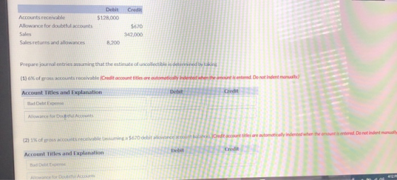 Credit Debit $128,000 Accounts receivable Allowance for doubtful accounts Sales Sales returns and allowances $670 342,000 8 ,