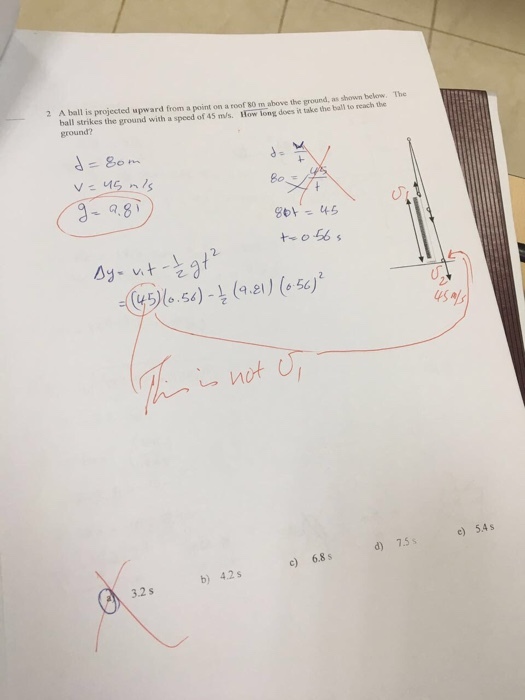 A ball is projected upward from a point on a roof