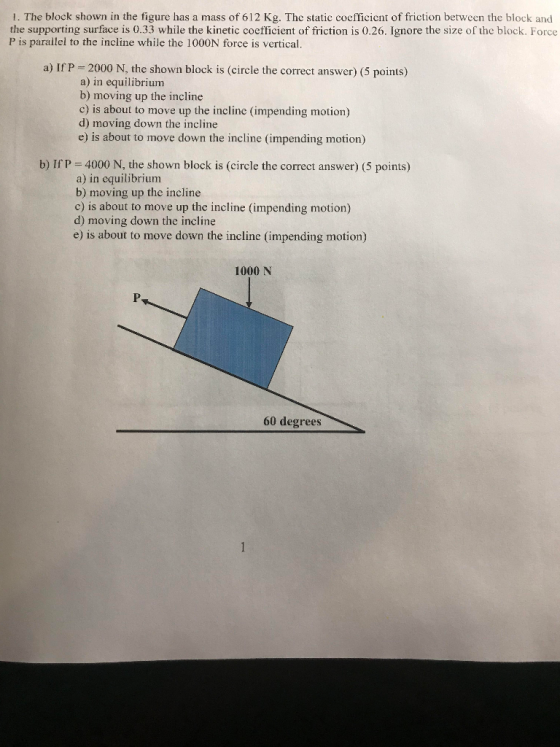 1. The block shown in the figure has a mass of 612 Kg. The static coefficient of friction between the block and the supportin