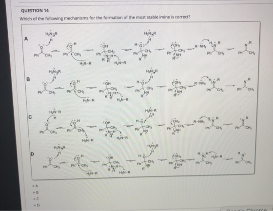 QUESTION 14 Which of the following mechanisms for the formation of the most stable imine is correct? HÆNER HNER А R H-0. R-NH