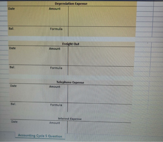 Depreciation Expense Amount Date Bal. Formula Freight Out Date Amount Bal Formula Telephone Expense Amount Date Bal. Formula