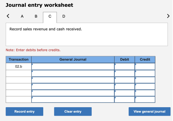 Journal entry worksheet < A B C D Record sales revenue and cash received. Note: Enter debits before credits. Transaction Gene