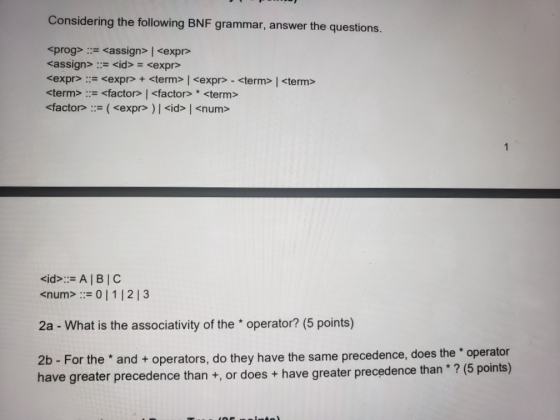 Considering the following BNF grammar, answer the questions. <prog> - <assign> | <expr> <assign> = <id> = <expr> <expr> := <e