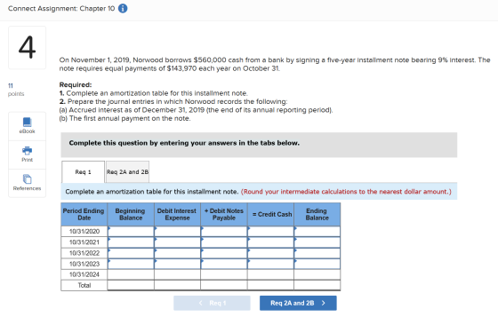Connect Assignment: Chapter 10 i On November 1, 2019, Norwood borrows $560,000 cash from a bank by signing a five-year instal