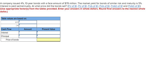 A company issued 4%, 10-year bonds with a face amount of $78 million. The market yield for bonds of similar risk and maturity