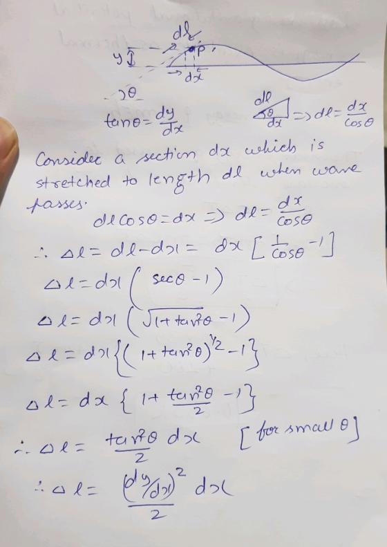 y J Pop - 20 Coso Consider a section da which is stretched to length de when ware passes decoso=dx =) de=d so se=de-doi= dx [