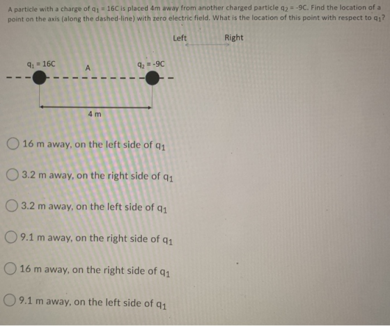 A particle with a charge of 41 = 16C is placed 4m away from another charged particle 42 = -9C. Find the location of a point o