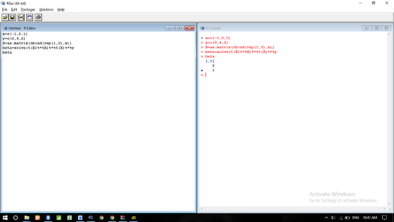 R RGui (64-bit) File Edit Packages岦indows Help R Untitled- R Editor R R Console y-C(o,4,2) X-as.matrix (cbind (rep (1,3) , x)) y- (0,4,2) X-as.matrix (ebind (rep (1,3), x) beta-solve (t (X) beta beta > *EX) *%t(X)s*ty I,1 Activate Windows Go to Settings to activate Windows 4) ENG 10t41 AM