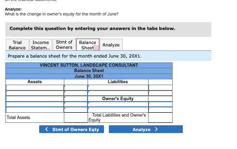 Analyze: What is the change in owners equity for the month of June? Complete this question by entering your answers in the t