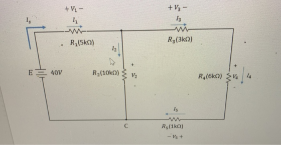 + V1 - 11 w + V3 - 13 R (50) R3 (30) 12 + E = 40V R2(10km) V2 R4(62) 314 14 Is Rs(1ko) Vs+
