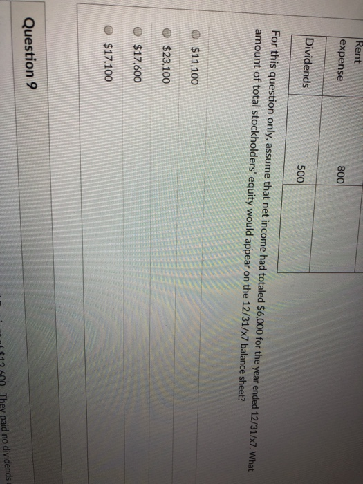 Rent 800 expense Dividends 500 For this question only, assume that net income had totaled $6,000 for the year ended 12/31/x7. What amount of total stockholders equity would appear on the 12/31/x7 balance sheet? $11.10o $23,100 $17.600 $17,100 Question 9 They paid no dividends $12 600